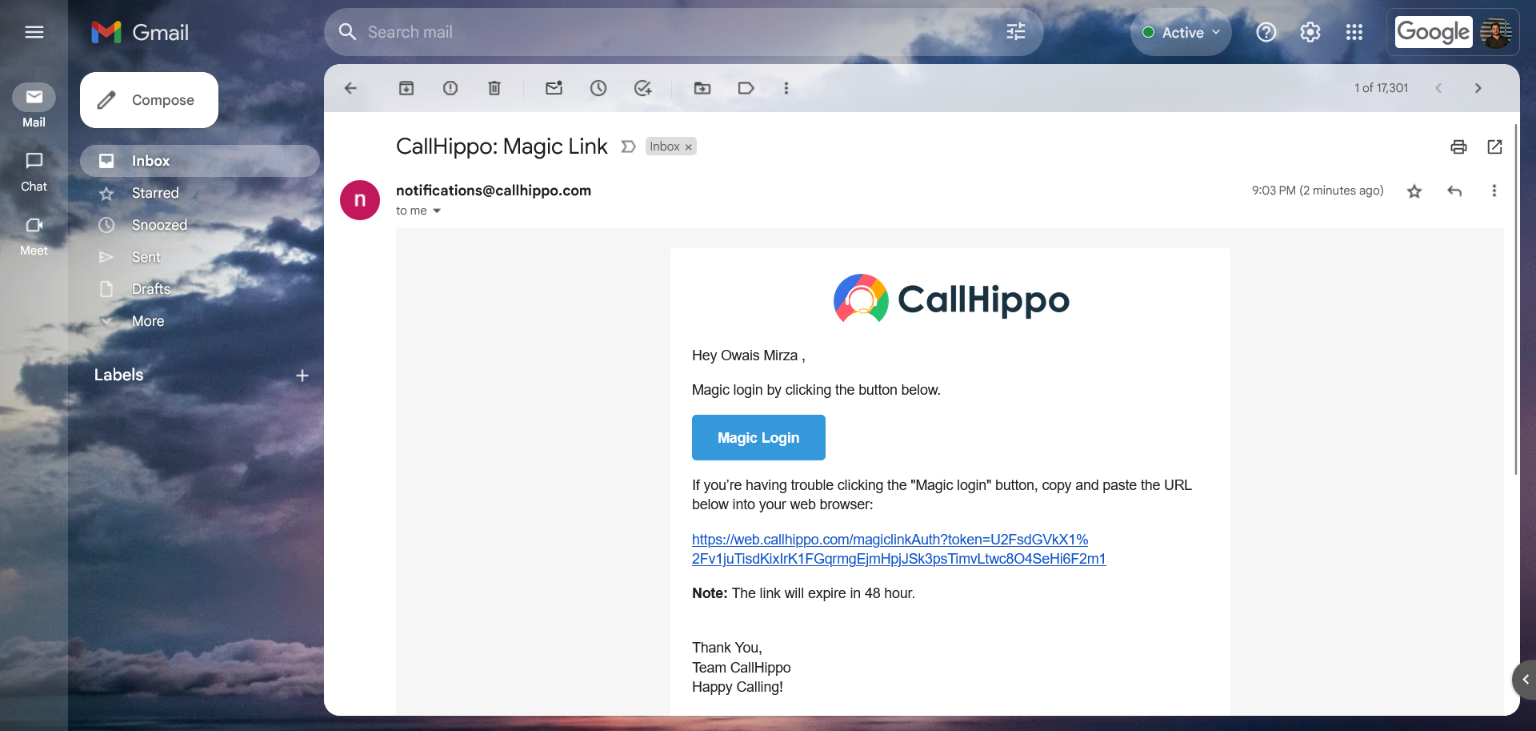 CallHippo Magic Link email with the Magic Login button