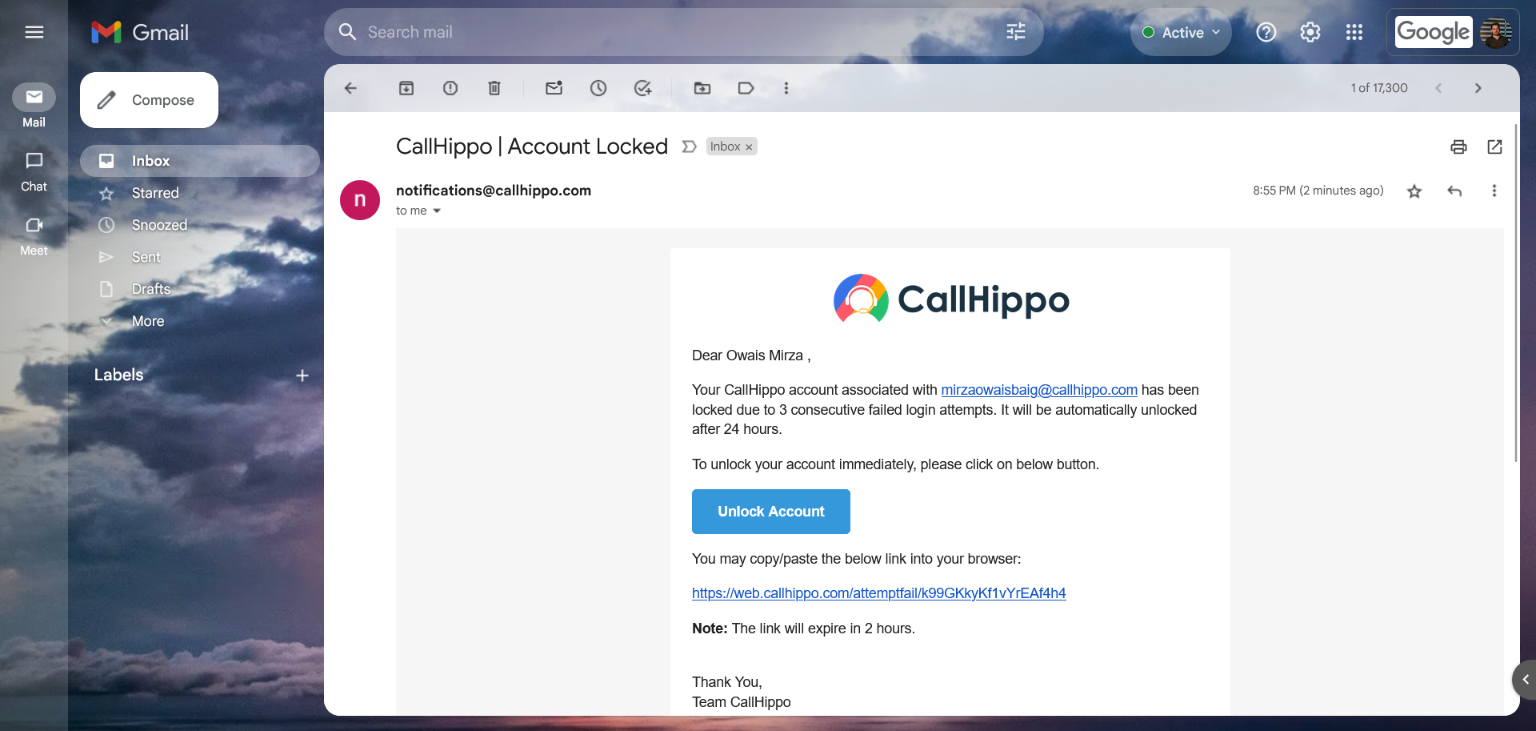 Email from CallHippo with an Unlock Account button