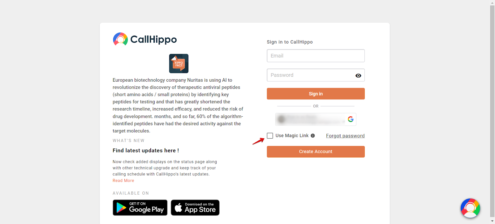 Use Magic Link checkbox highlighted on the CallHippo login page