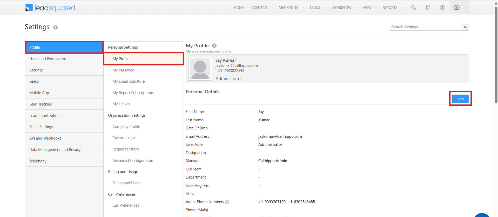 LeadSquared Settings, My Profile page with the Edit button highlighted
