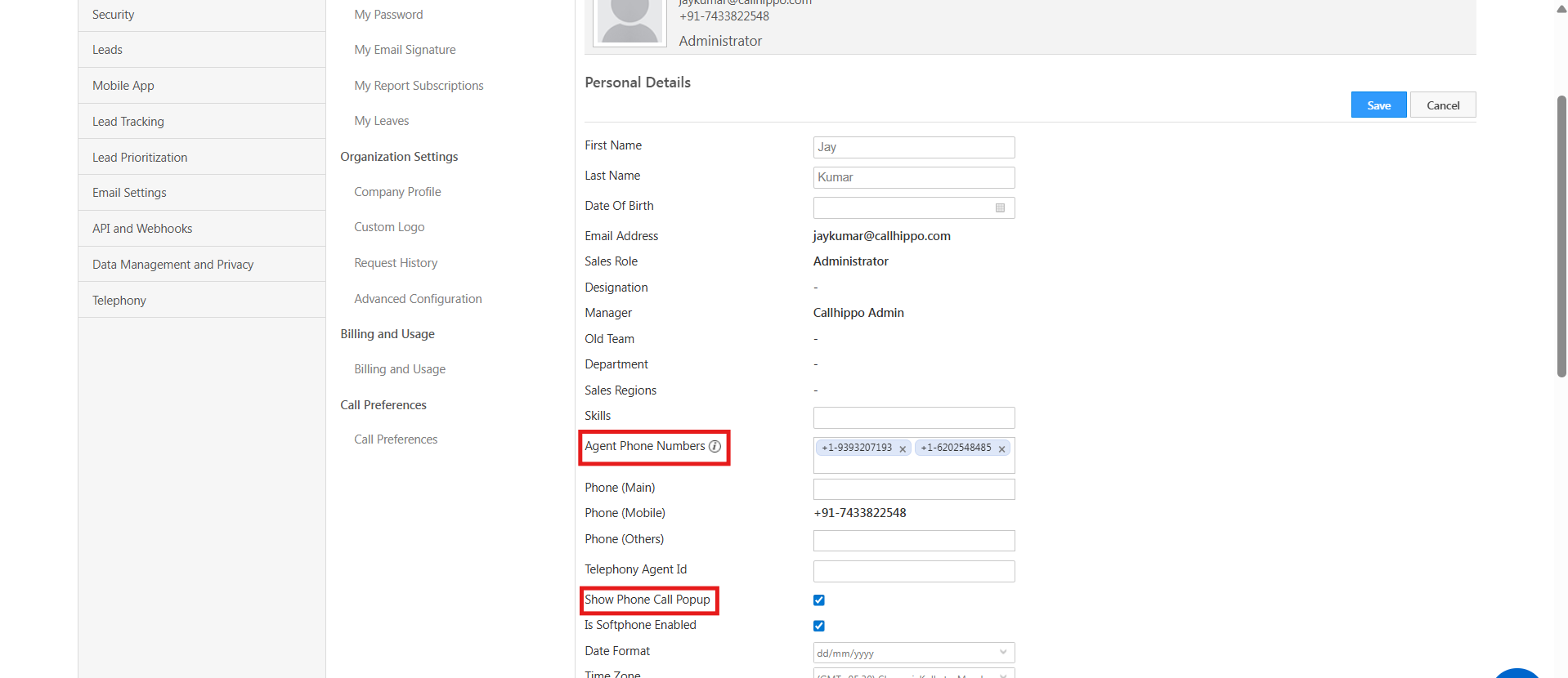 LeadSquared profile edit form showing the Agent Phone Numbers field and the Show Phone Call Popup option enabled
