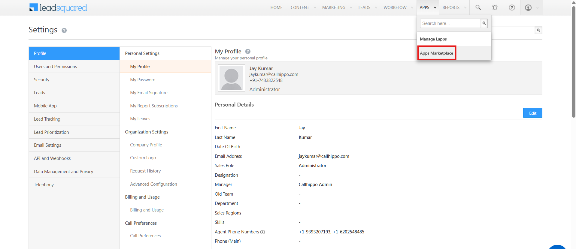 LeadSquared Apps menu with Apps Marketplace highlighted