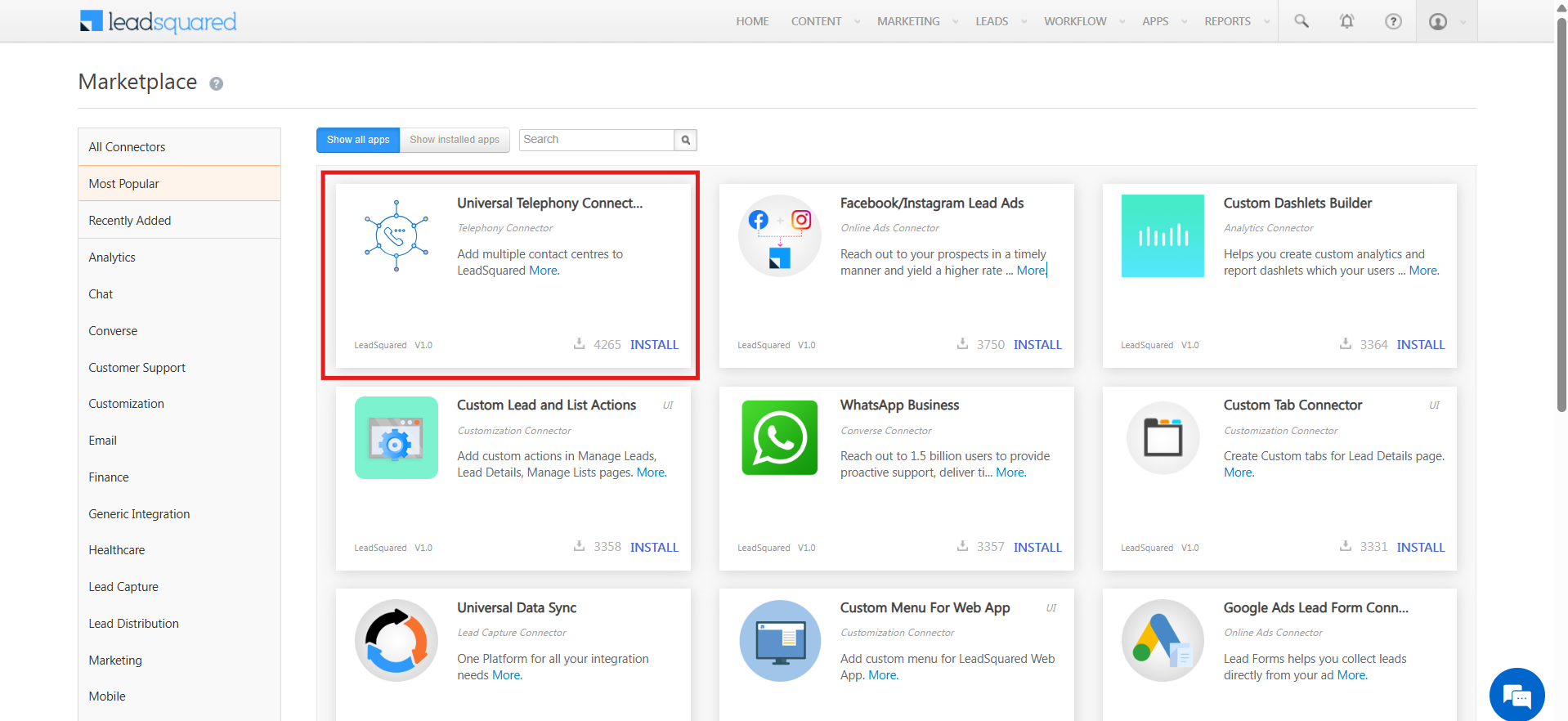 Universal Telephony Connector listed in the LeadSquared Apps Marketplace ready to install