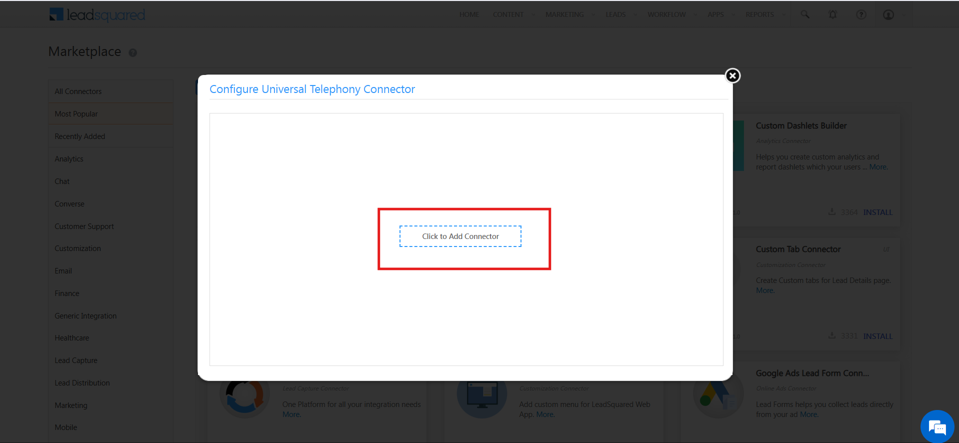 Click to Add Connector button in the Configure Universal Telephony Connector popup