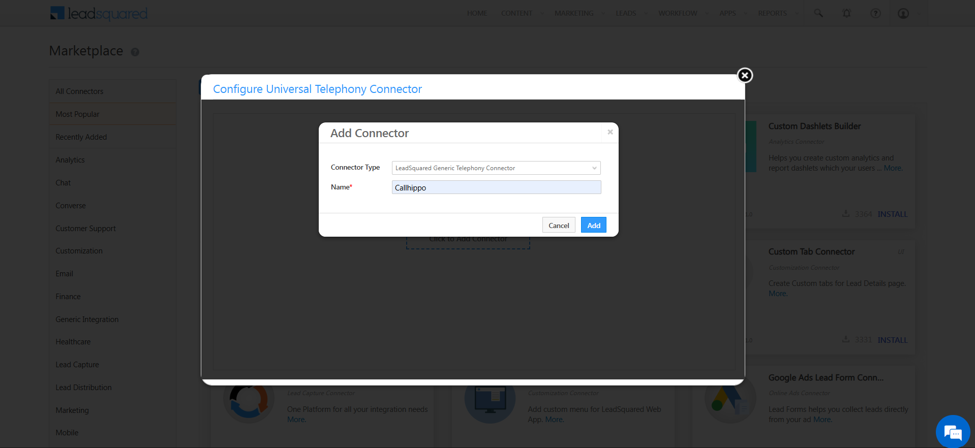 Add Connector dialog with LeadSquared Generic Telephony Connector selected and the name set to CallHippo