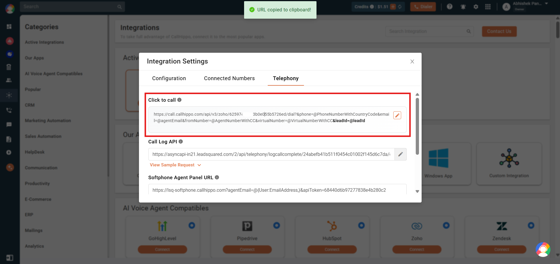 CallHippo LeadSquared integration Telephony tab with the Click to call URL copied