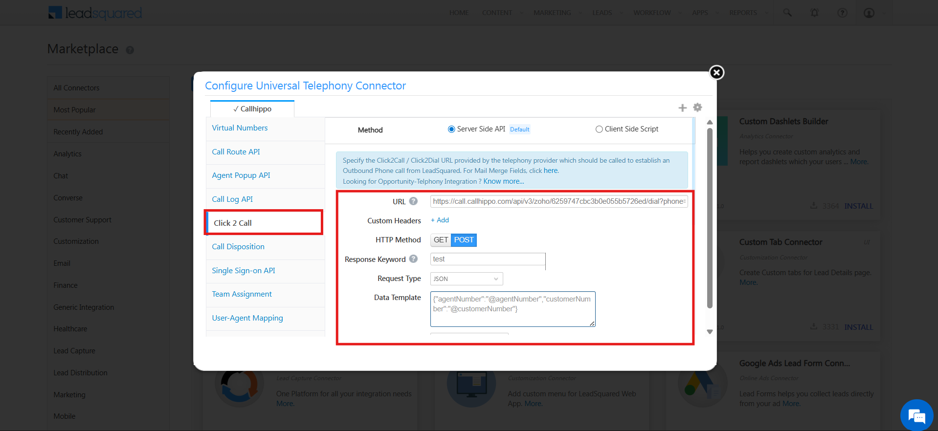 Click 2 Call configuration in the Universal Telephony Connector with HTTP Method POST, Request Type JSON and Response Keyword test