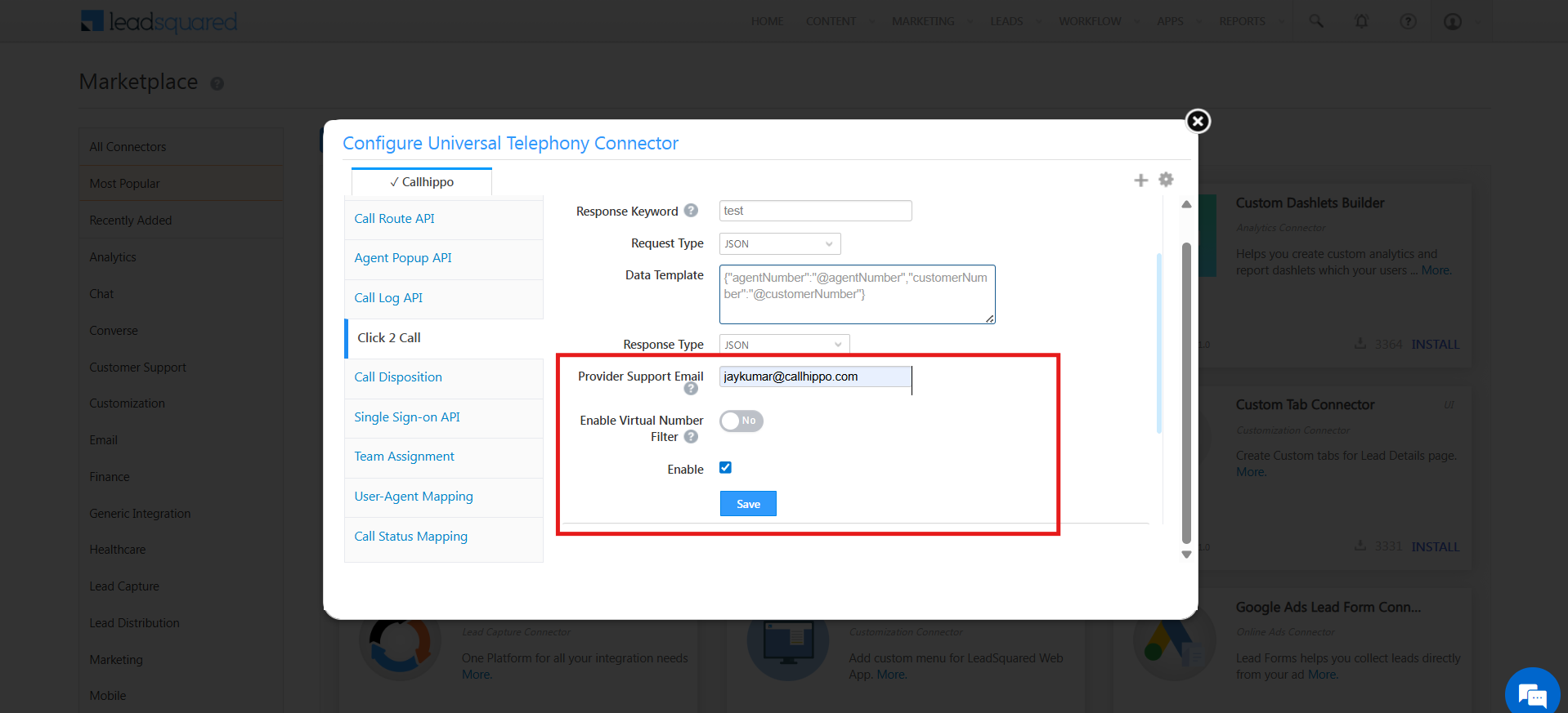 Provider Support Email field and Enable toggle in the Click 2 Call configuration, with the Save button