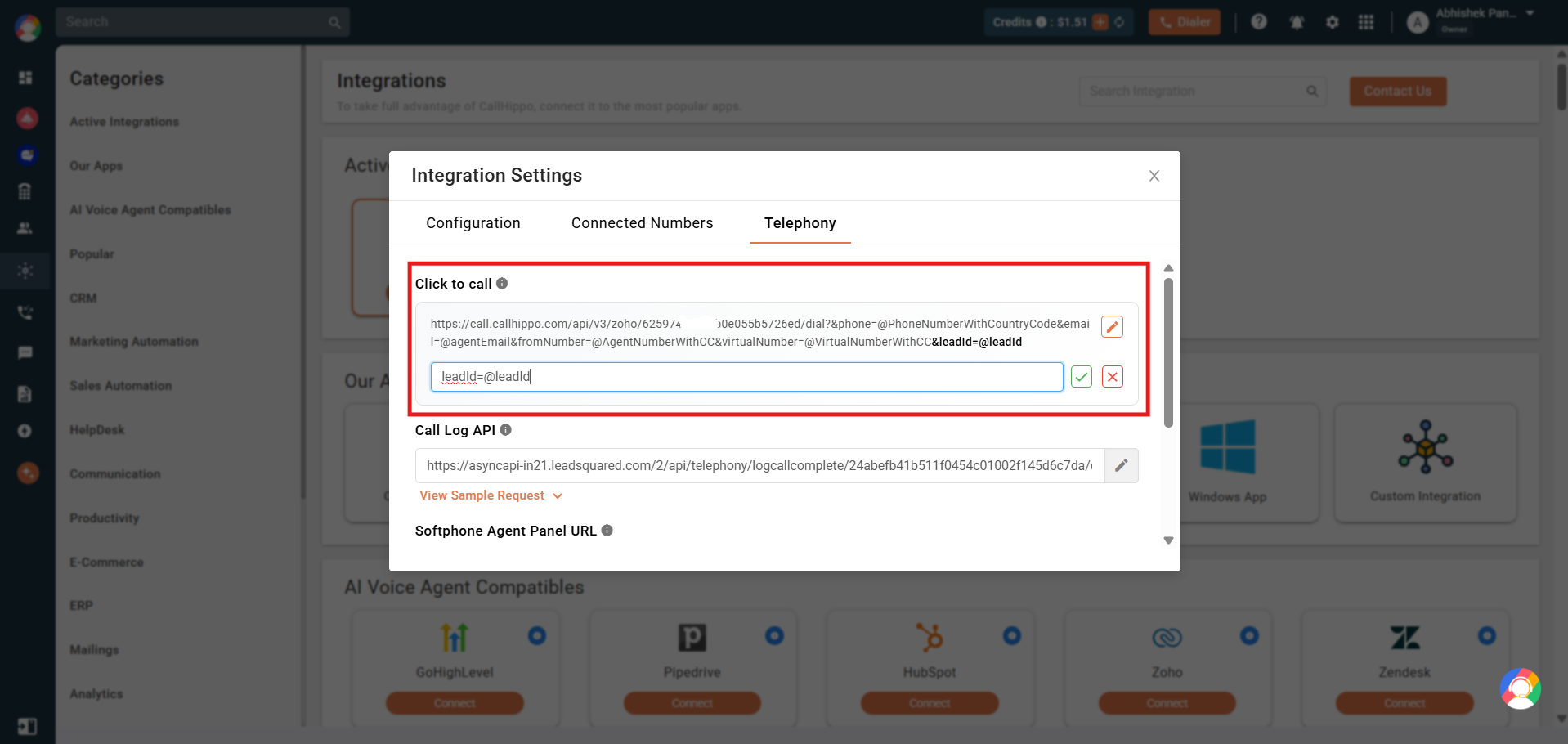 Editing the CallHippo Click to call URL to append a custom leadId parameter