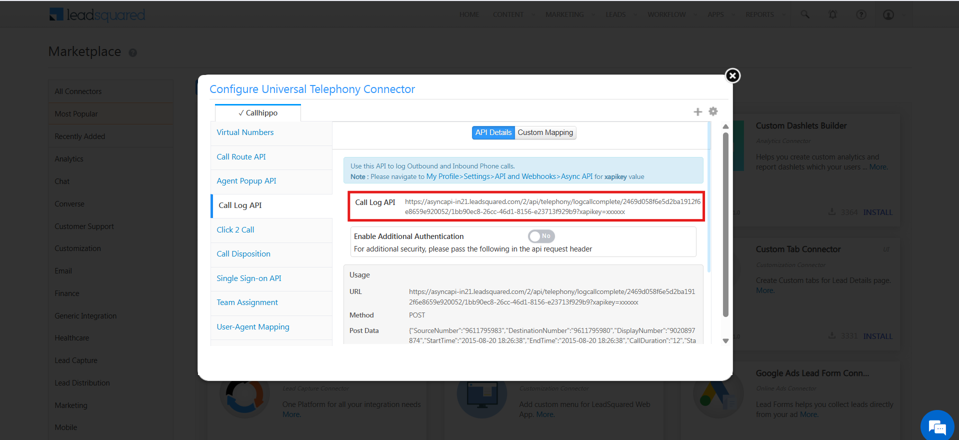 Call Log API URL shown in the Universal Telephony Connector