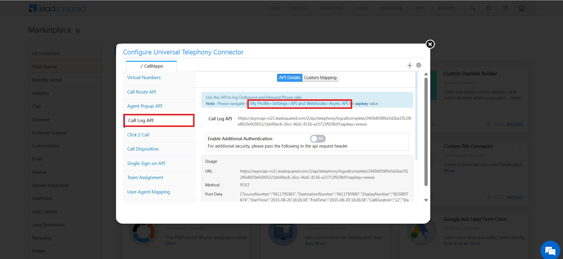 Note pointing to My Profile, Settings, API and Webhooks, Async API for the xapikey value