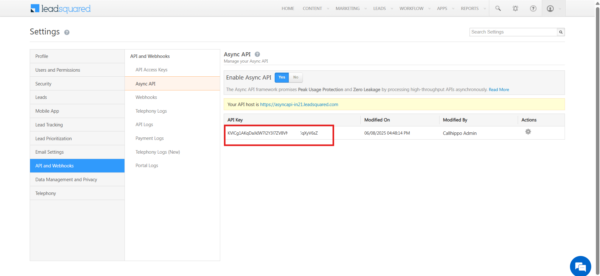 LeadSquared Async API screen showing the API Key to copy