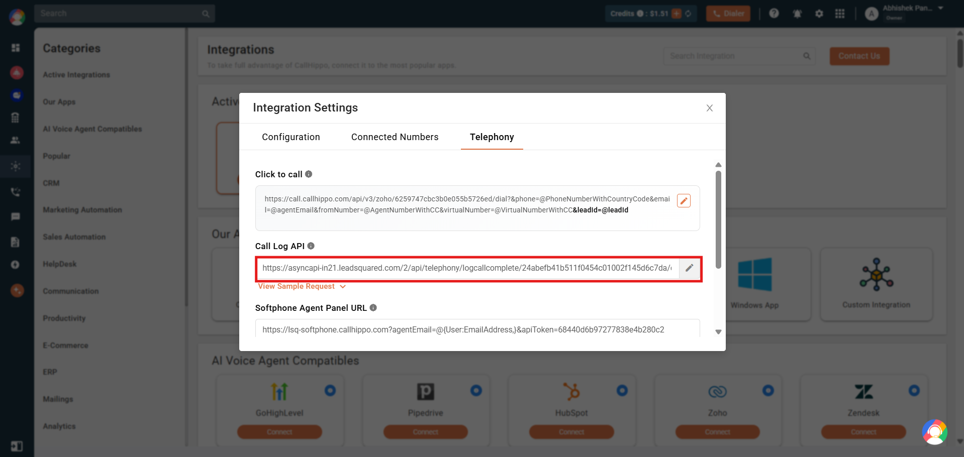 Call Log API field in the CallHippo LeadSquared integration settings