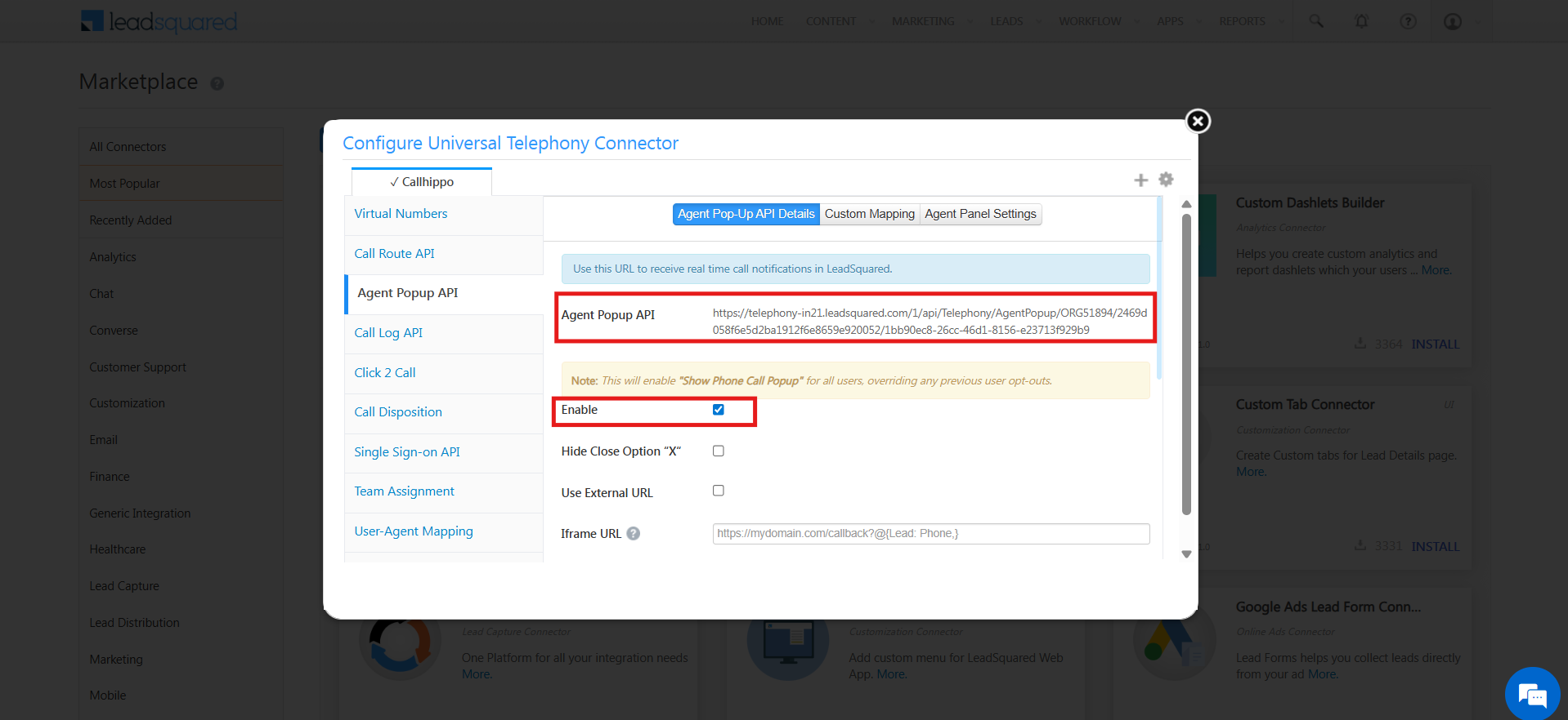 Agent Popup API URL and Enable option in the Universal Telephony Connector