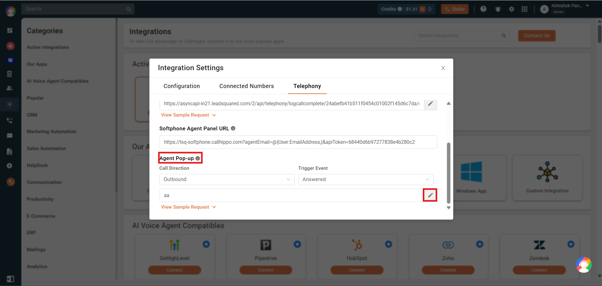 Agent Pop-up section in the CallHippo LeadSquared integration where the Agent Popup API URL is pasted