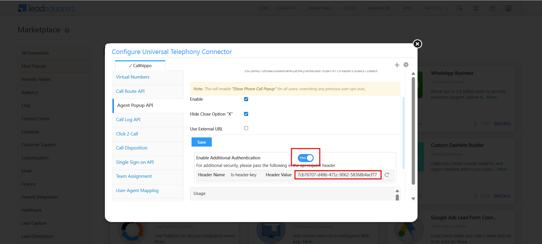 Enable Additional Authentication toggle set to Yes with the Header Name and Header Value in the Universal Telephony Connector