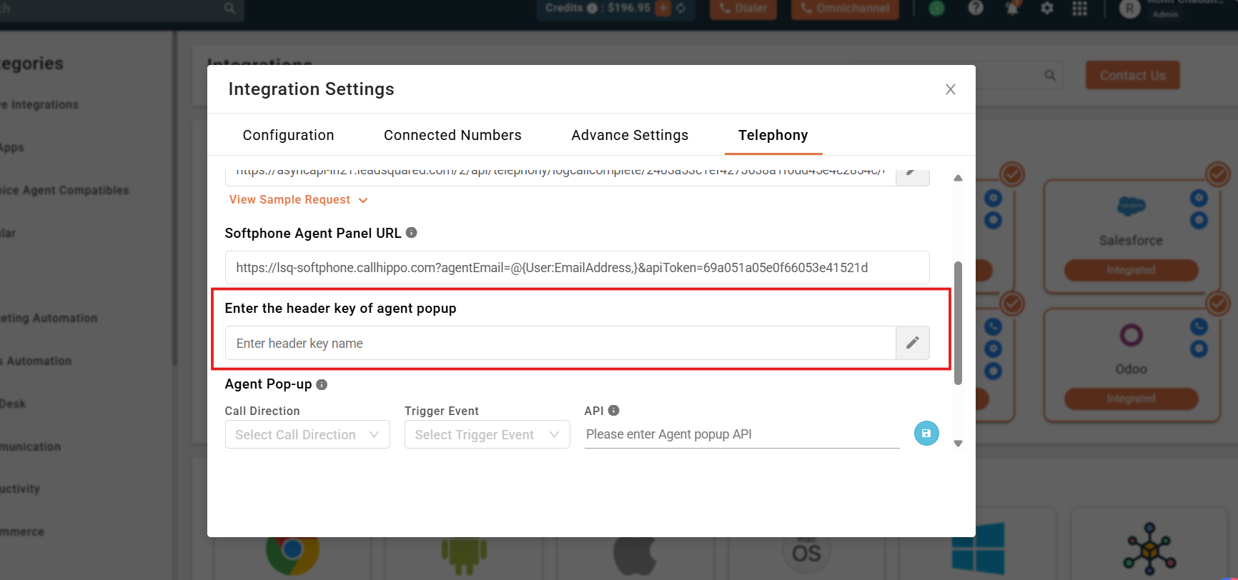 Enter the header key of agent popup field in the CallHippo LeadSquared integration settings
