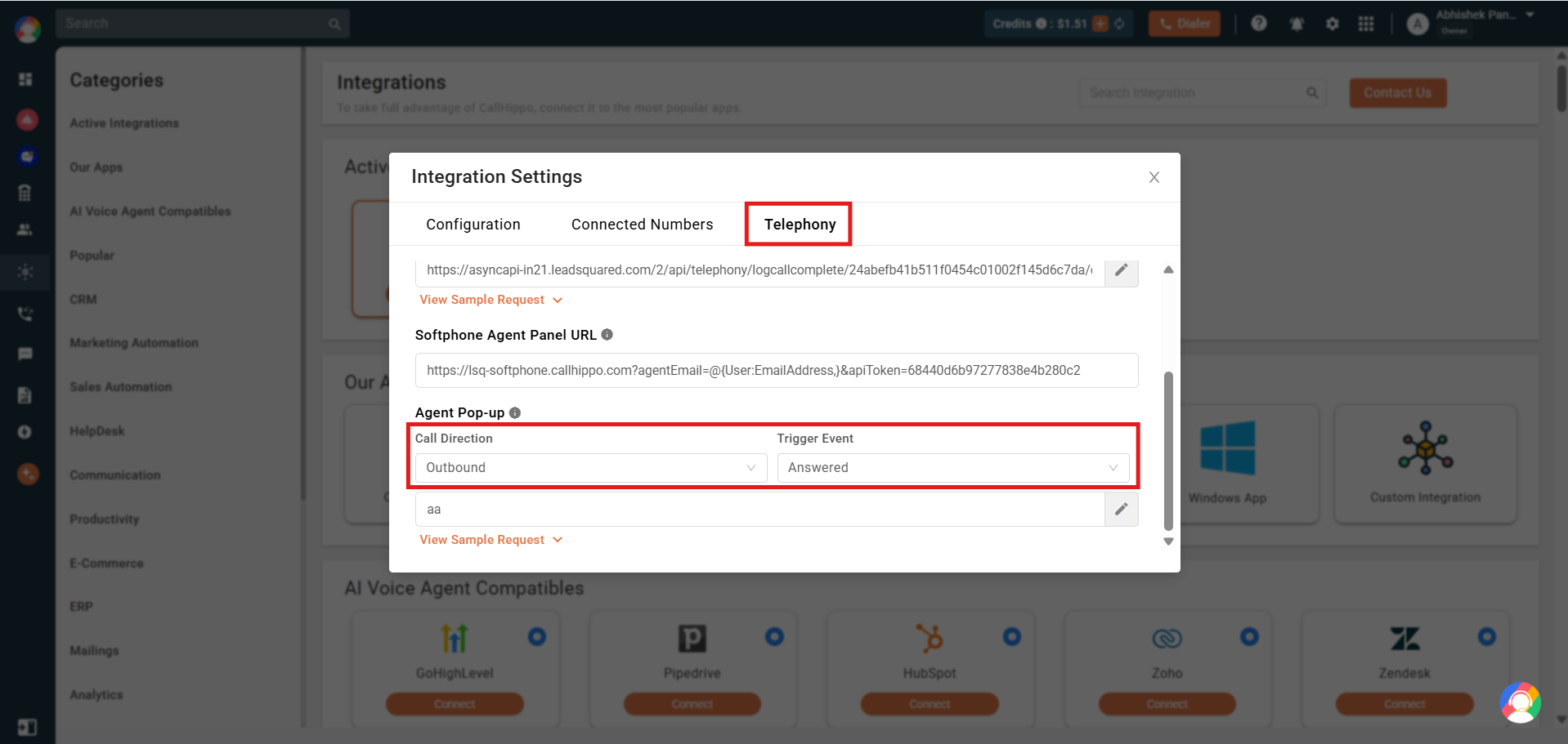 Agent Pop-up Call Direction and Trigger Event settings in the CallHippo LeadSquared integration