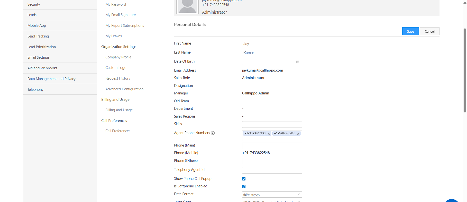 LeadSquared profile settings with Show Phone Call Popup and Is Softphone Enabled options checked