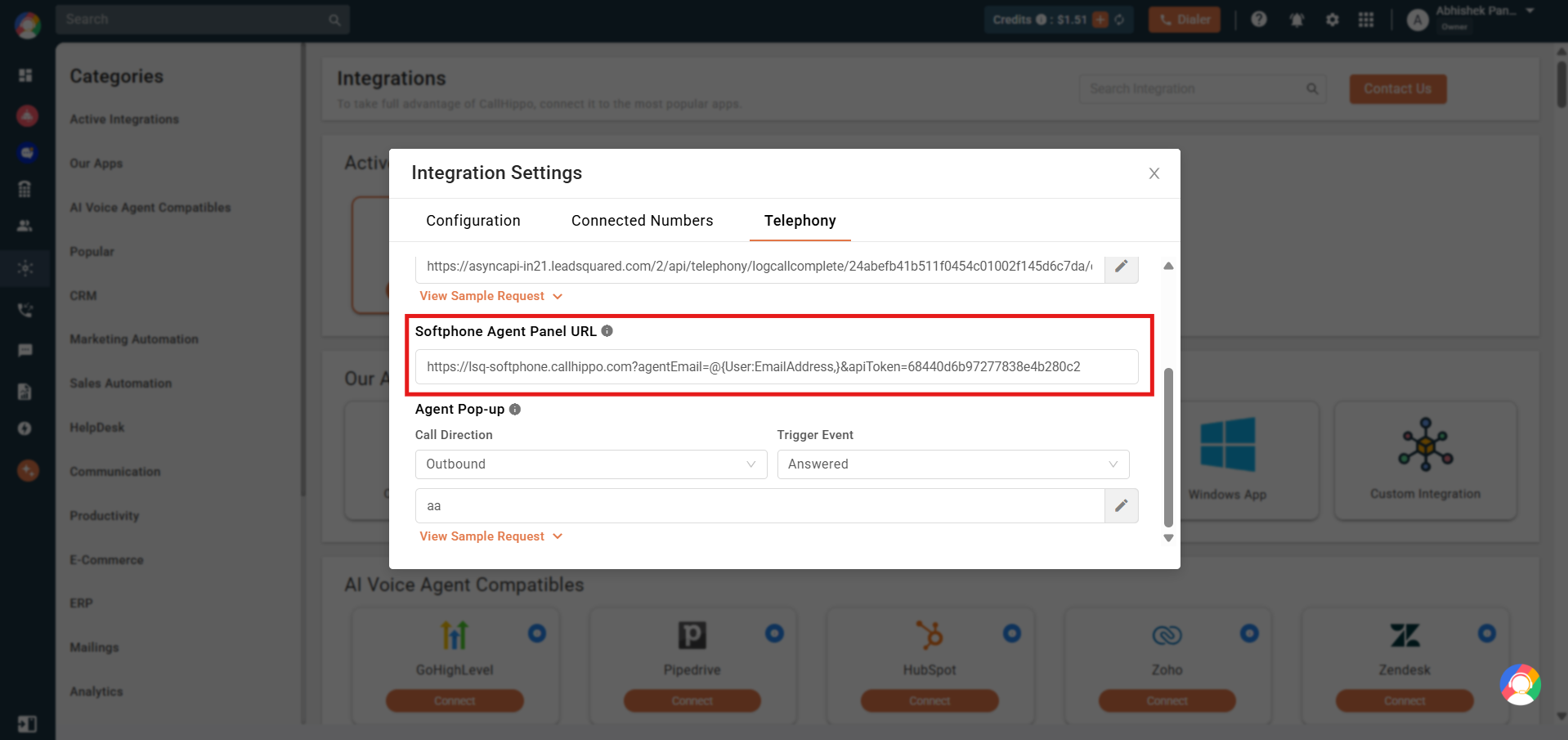 Softphone Agent Panel URL field in the CallHippo LeadSquared integration settings