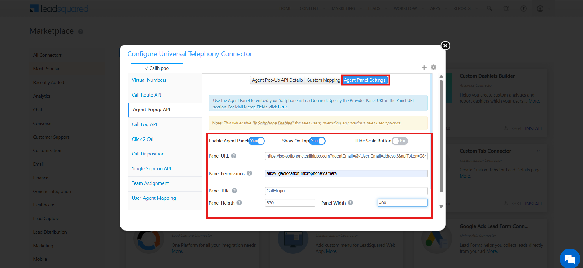 Agent Panel Settings in the Universal Telephony Connector with Panel Permissions, Panel Title CallHippo, Panel Height 670 and Panel Width 400