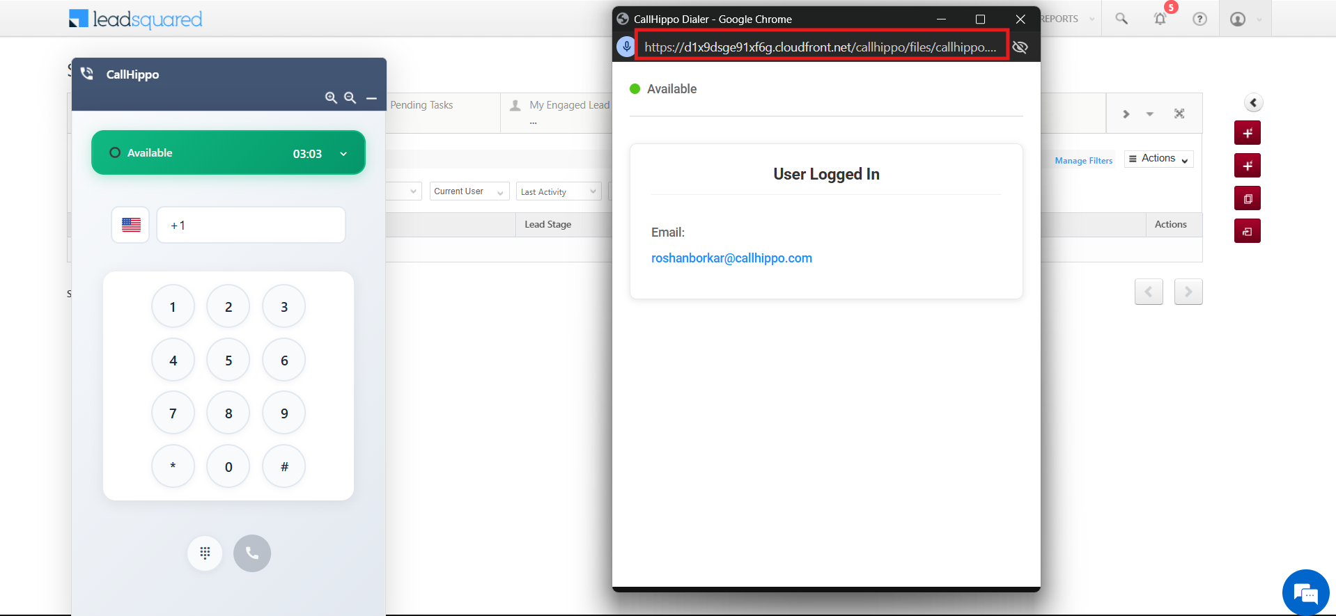 CallHippo dialer opened in an external browser window showing the logged-in user