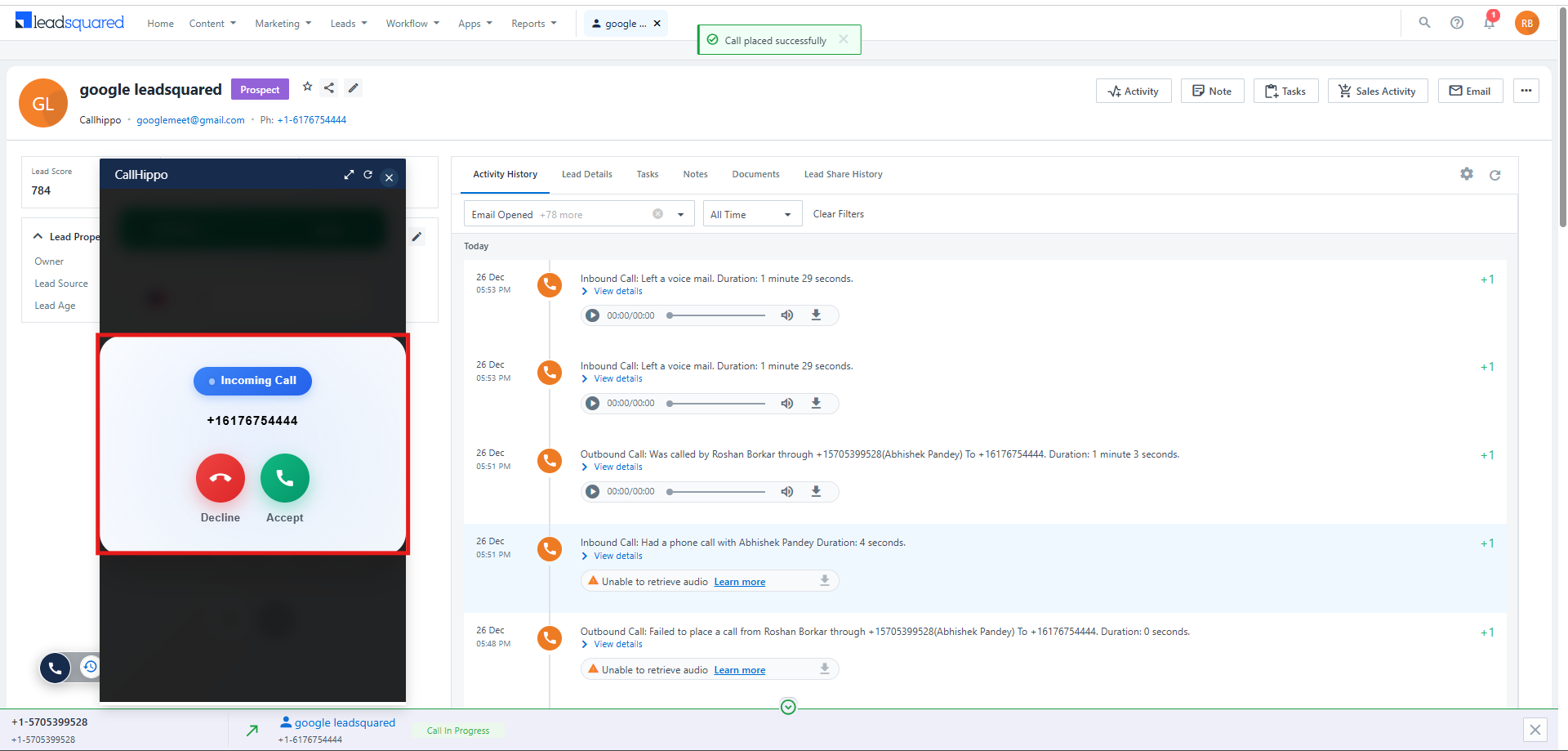 Incoming call popup in the embedded CallHippo dialer with Accept and Decline options