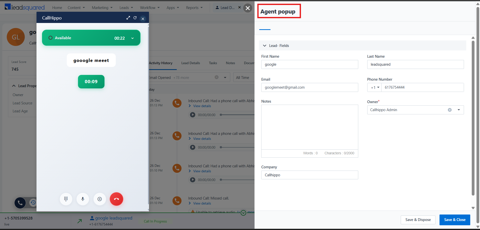 Agent Popup displaying the lead's details during a call in LeadSquared