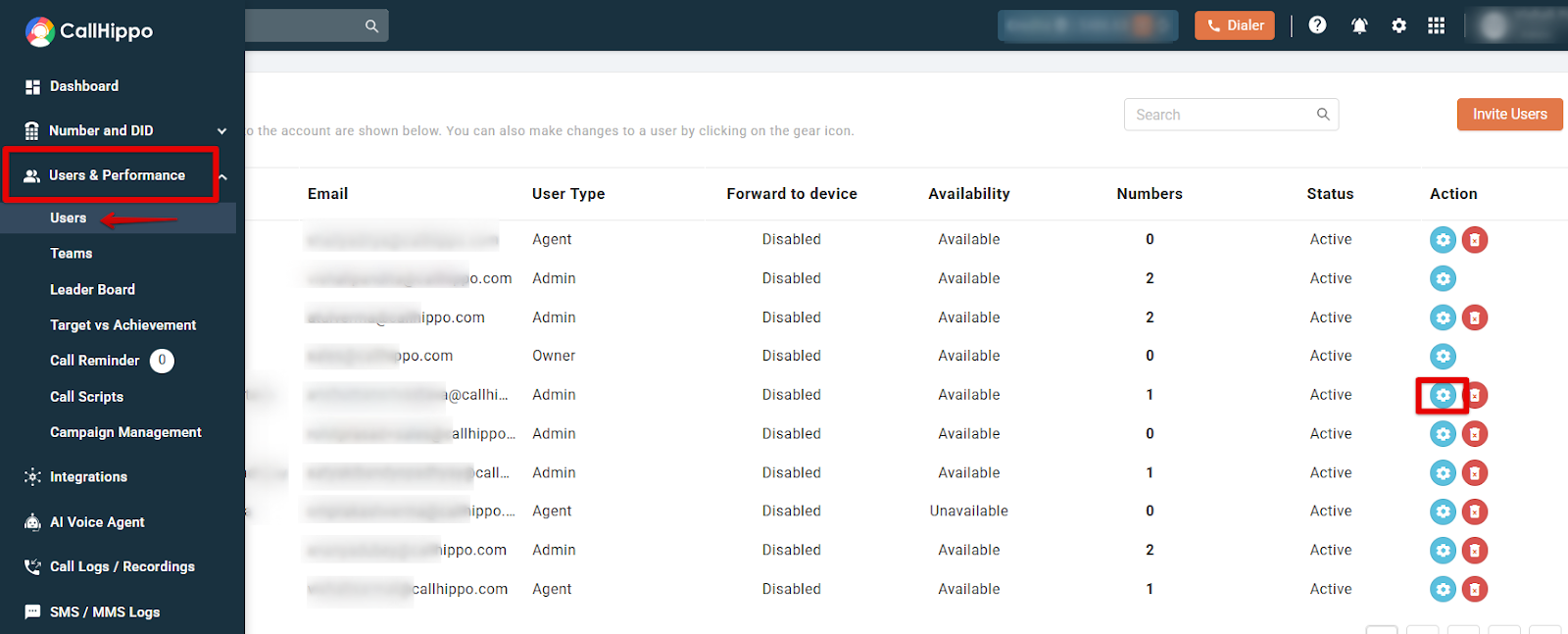 CallHippo Users and Performance Users list with the gear settings icon highlighted for a user