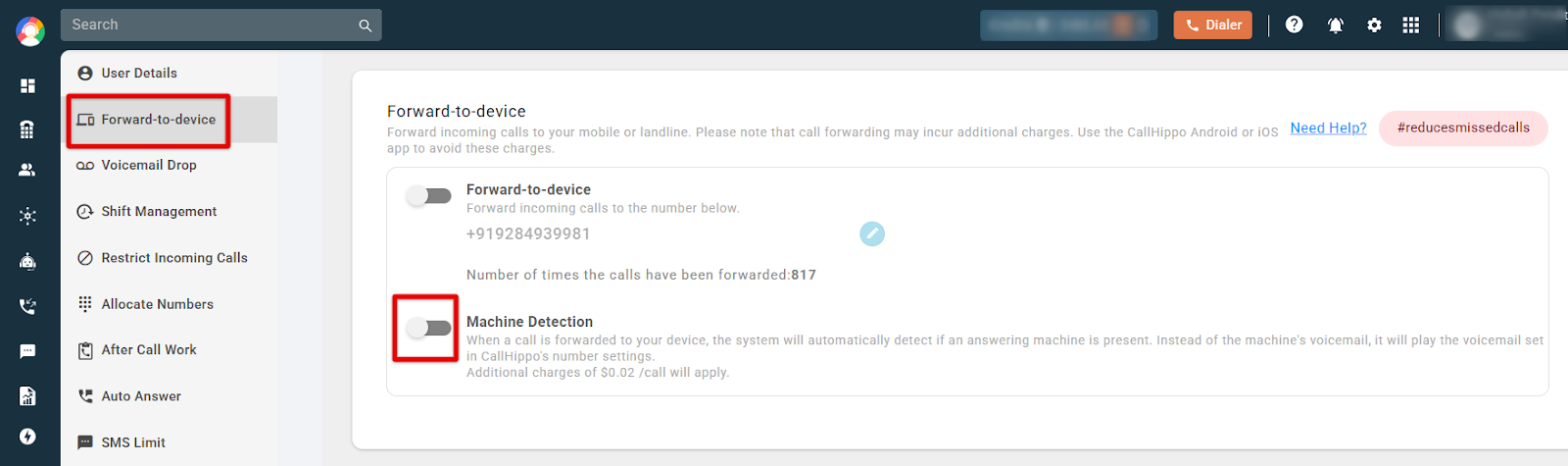 Forward-to-device settings panel with the Machine Detection toggle highlighted