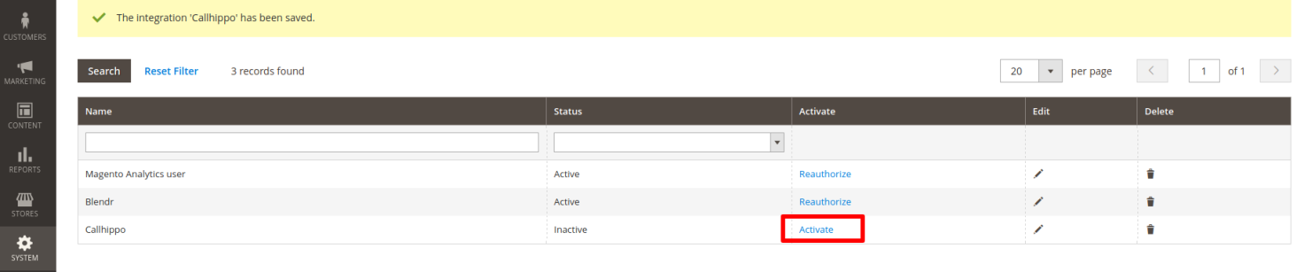 Magento integrations list showing the CallHippo integration with the Activate link