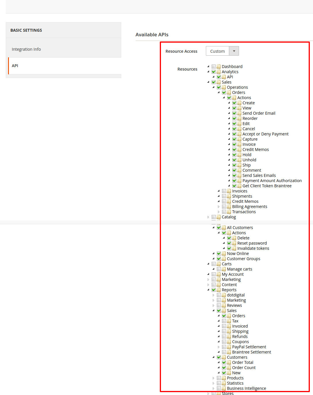 Magento integration API tab with Resource Access set to Custom