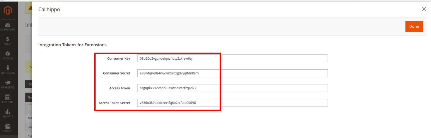 Magento popup showing Consumer Key, Consumer Secret, Access Token and Access Token Secret