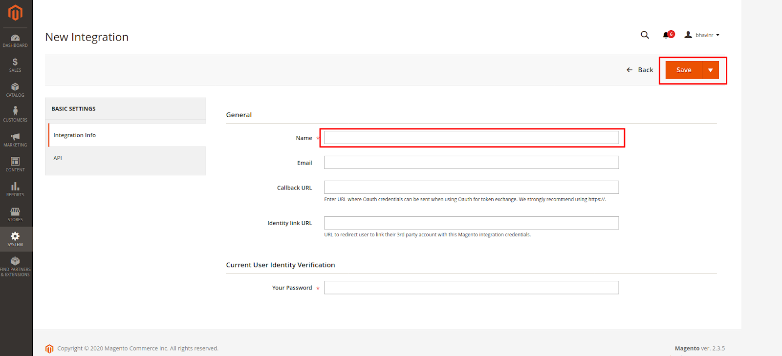 Magento admin New Integration form with the Name and password fields