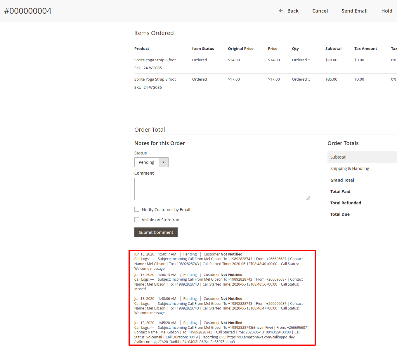 Magento order detail page showing CallHippo call log activity in the order notes