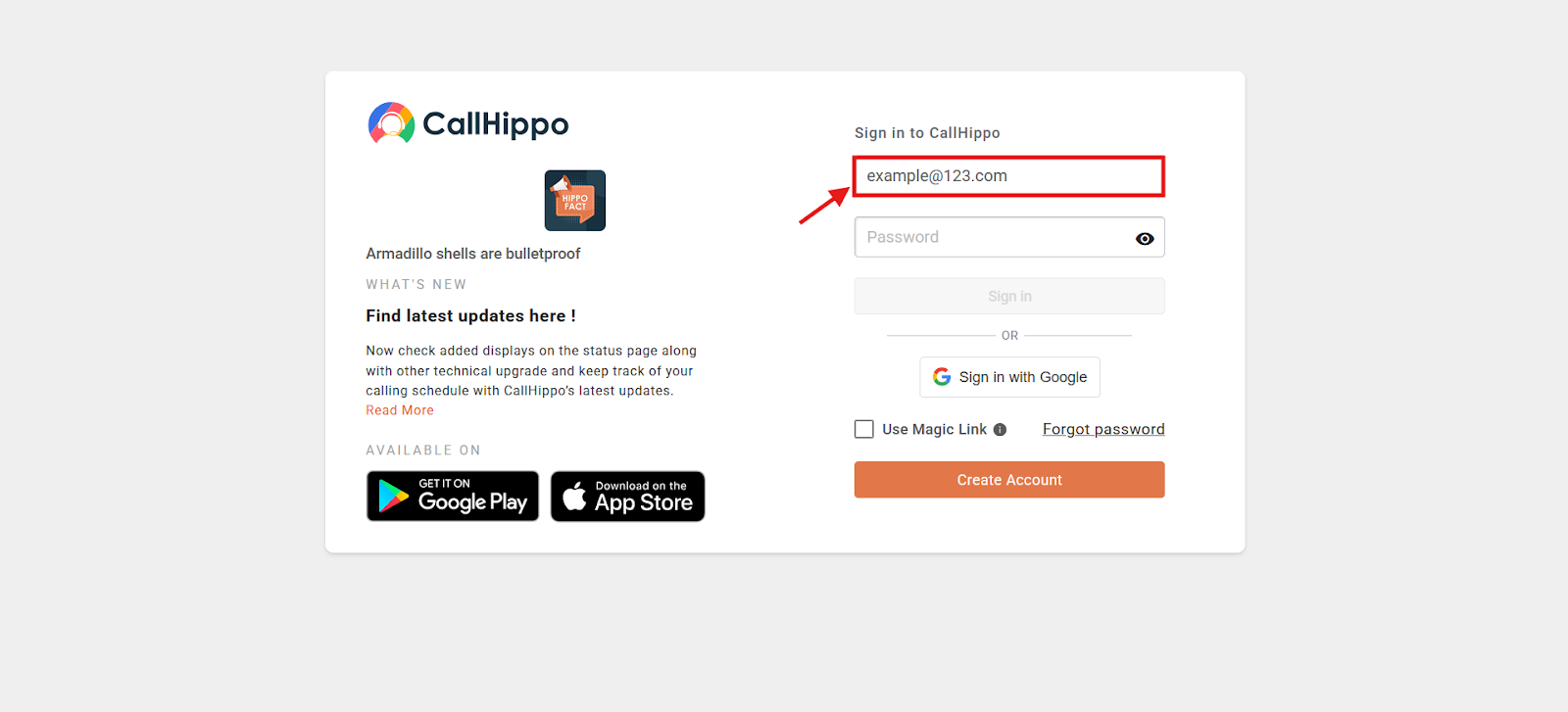 CallHippo login page with the email address field highlighted