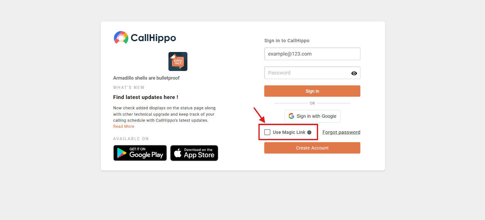 CallHippo login page with the Use Magic Link checkbox highlighted