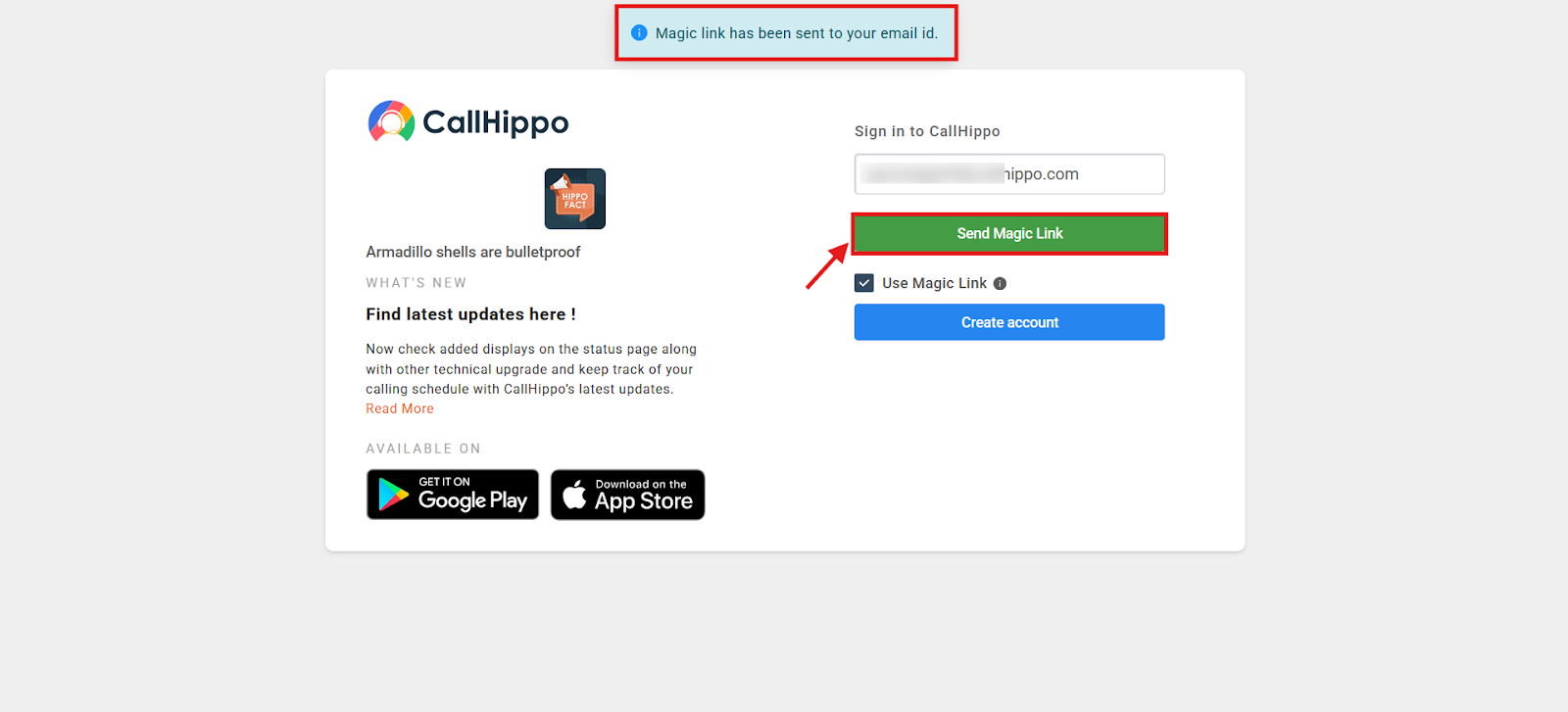 Send Magic Link button with a confirmation that the magic link was sent to the email