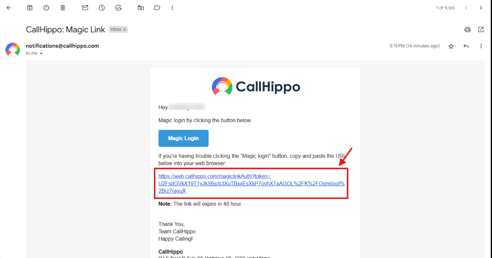 CallHippo Magic Link email showing the Magic Login button and login URL