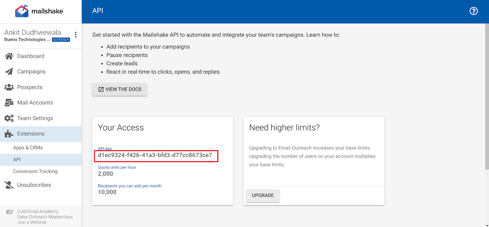 Mailshake API page with the API key highlighted under Your Access