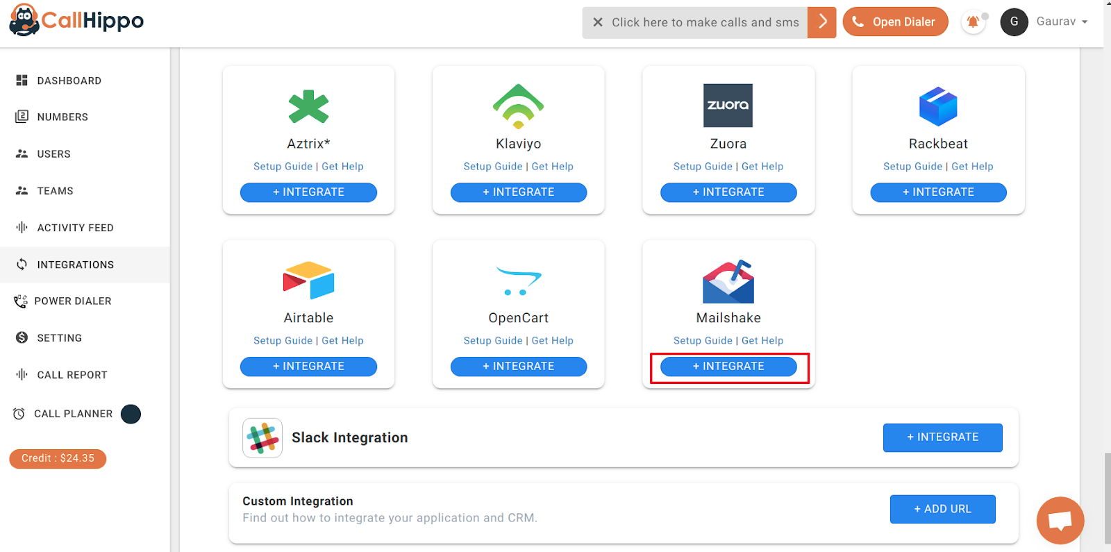 CallHippo Integrations grid with the Mailshake Integrate button highlighted