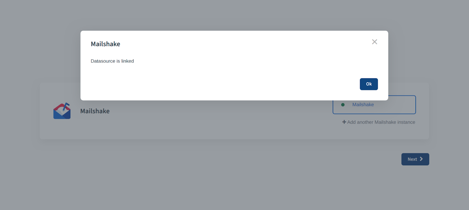 CallHippo popup confirming the Mailshake datasource is linked