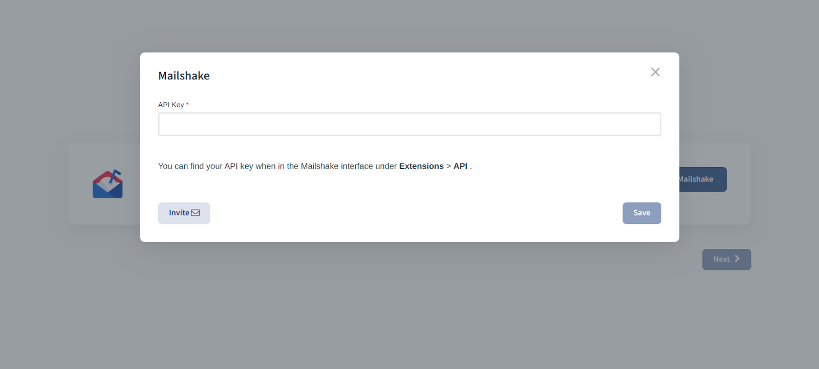 CallHippo Mailshake popup with the API Key field and Save button