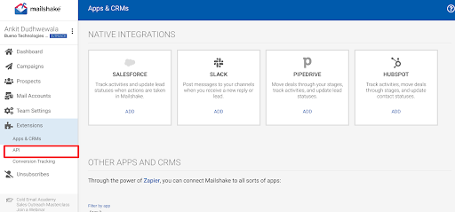 Mailshake Extensions page with the API option highlighted in the left menu