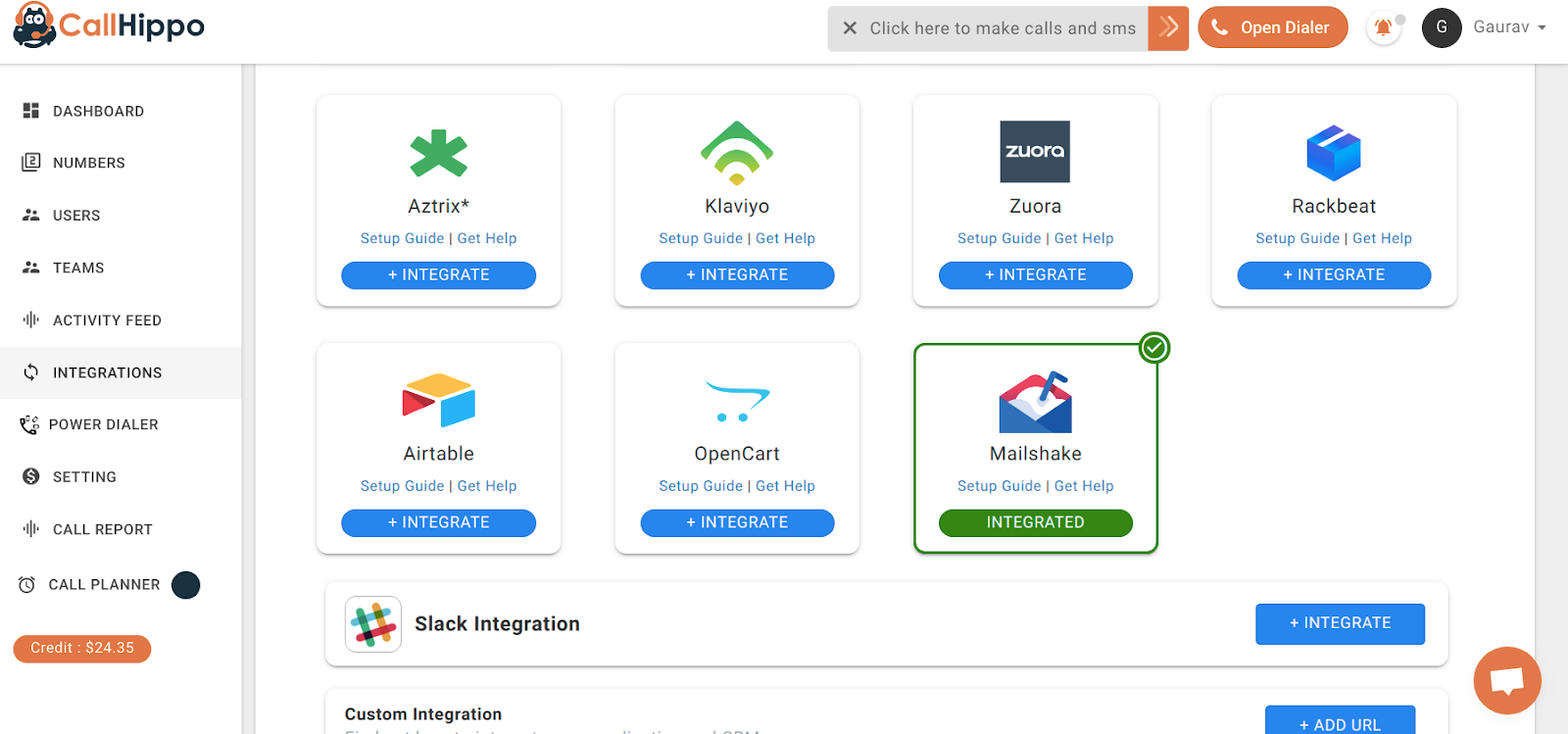 CallHippo Integrations grid showing Mailshake marked as Integrated