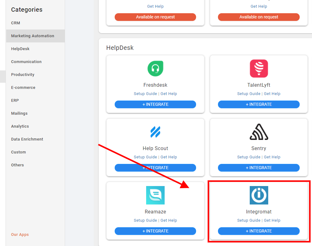 Integromat integration card with Integrate button in CallHippo