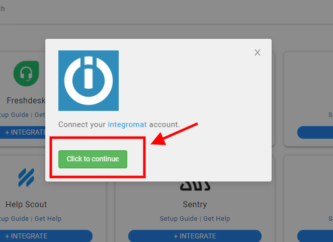 Connect your Integromat account popup with Click to continue button