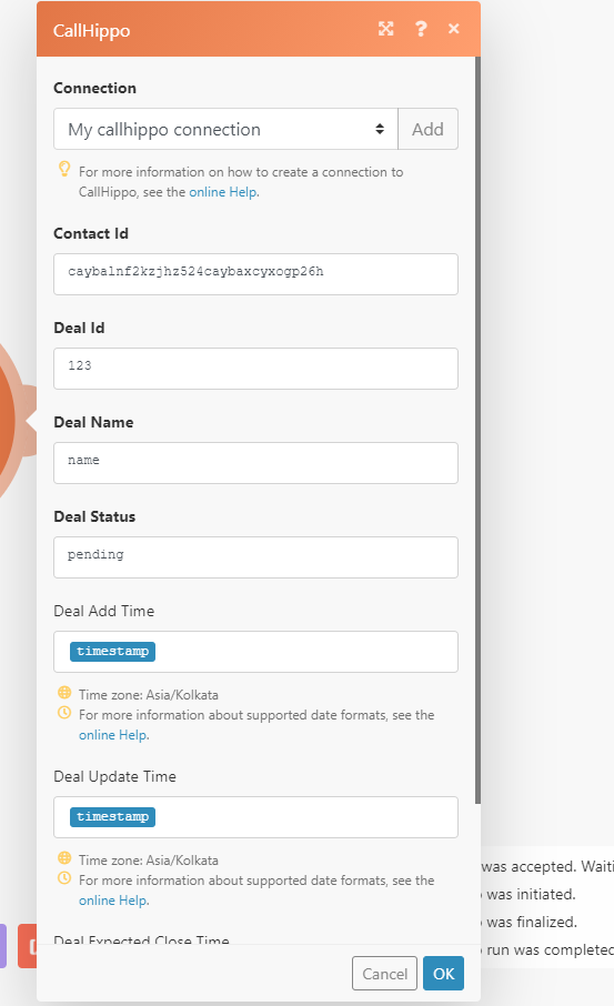 Get Contacts module output bundle showing a successful result