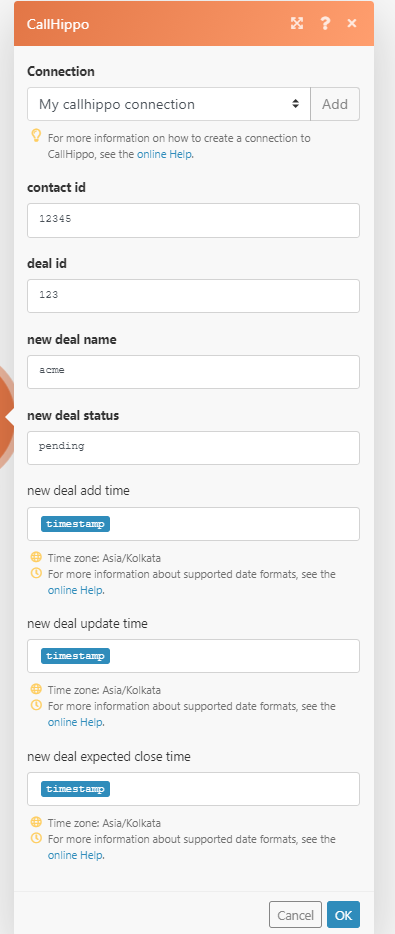 Create Deal module with Contact Id, Deal Id, name and status fields