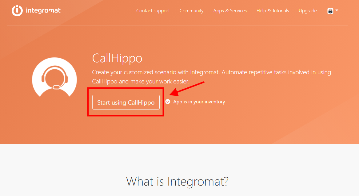 Integromat page with Start using CallHippo button